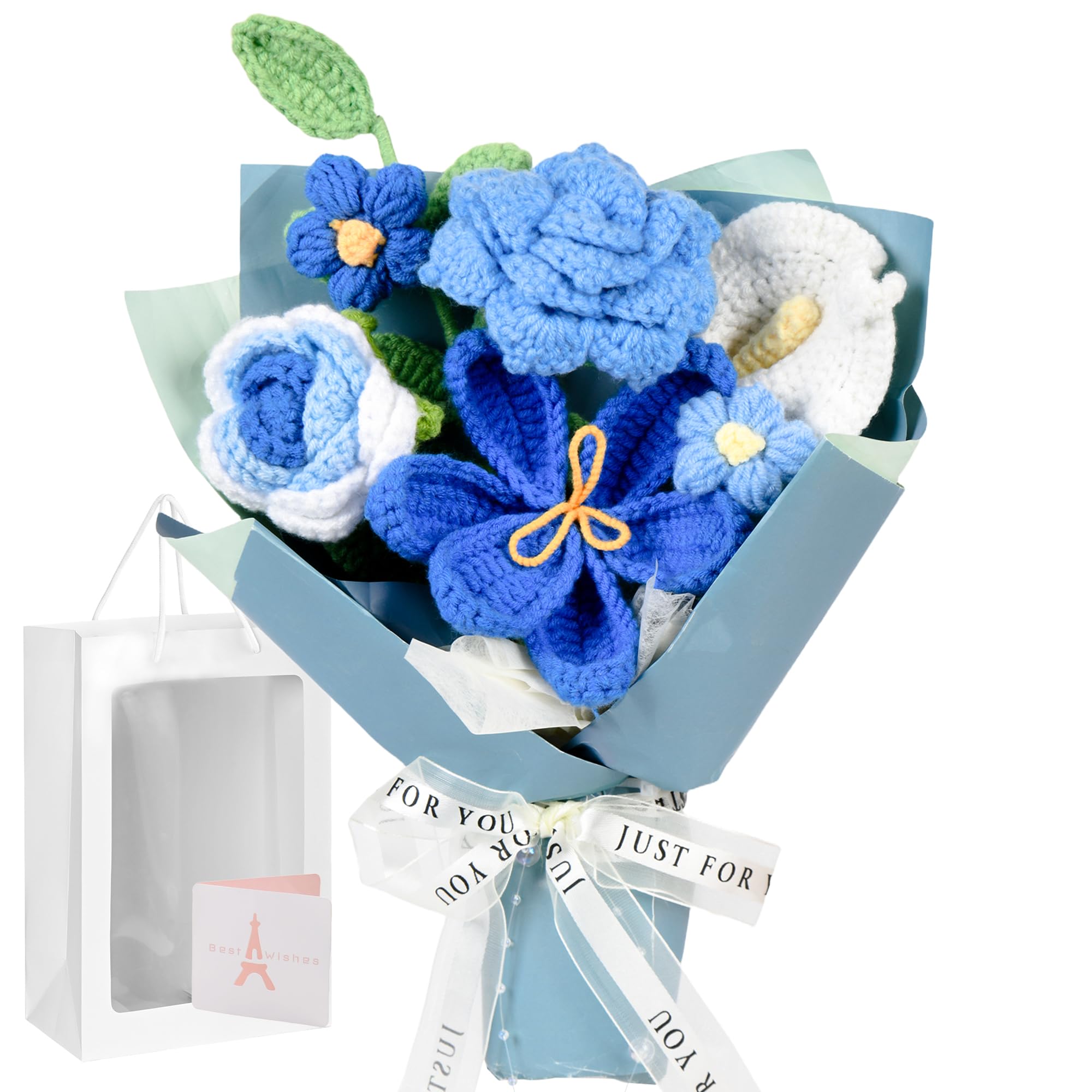 MengxFly blue crochet flower bouquet for effortless desk display