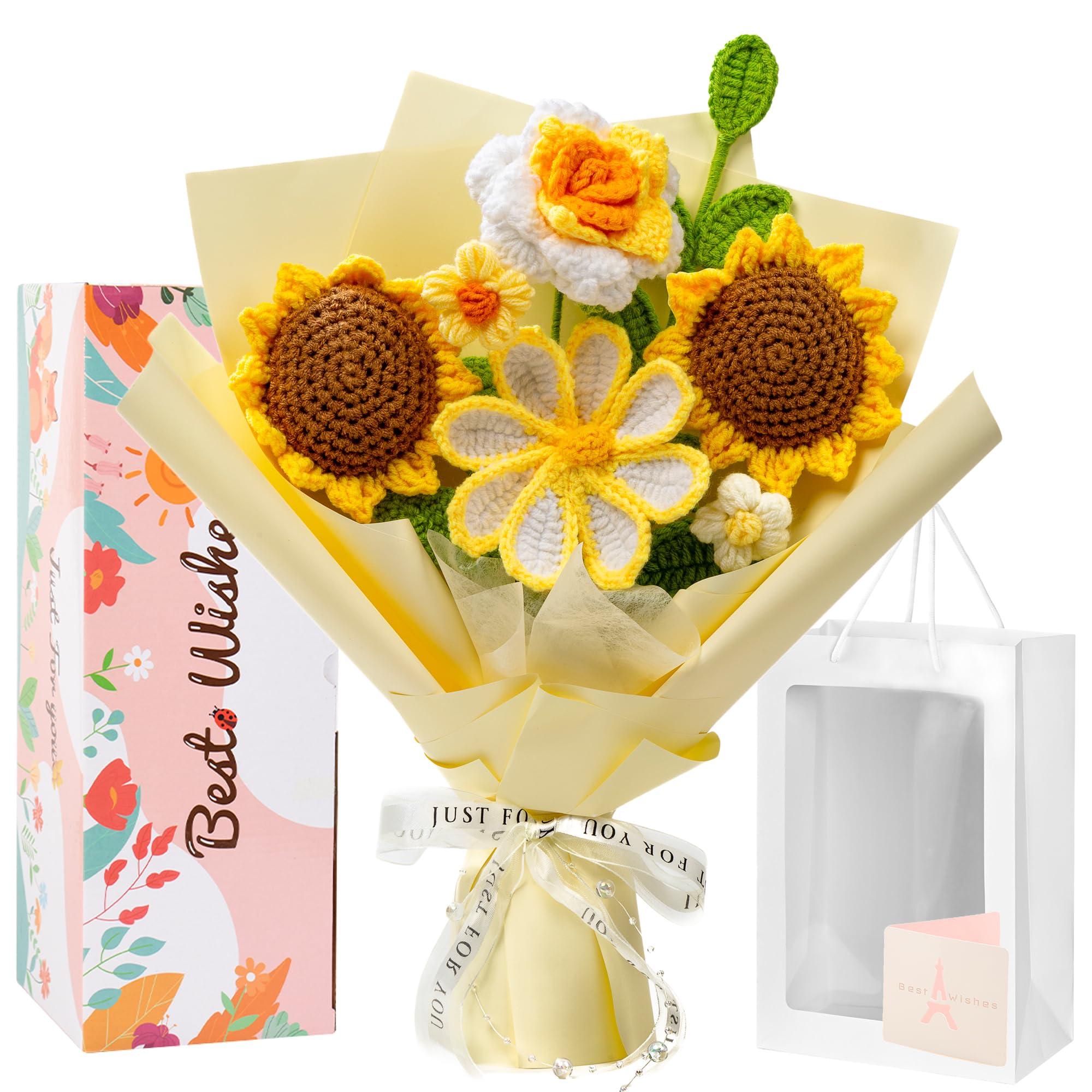 MengxFly crochet sunflower bouquet close-up, bright petals and textured centers.