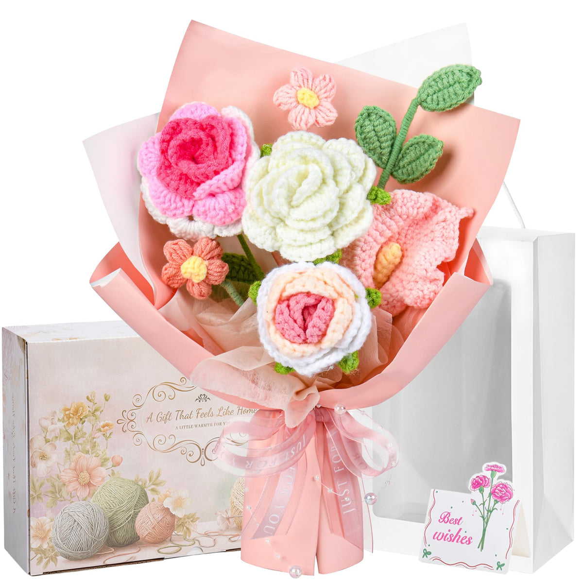 MengxFly pink crochet flower bouquet on a table adds lasting decorative charm