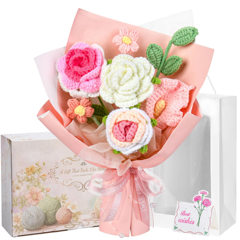 MengxFly pink crochet flower bouquet on a table adds lasting decorative charm