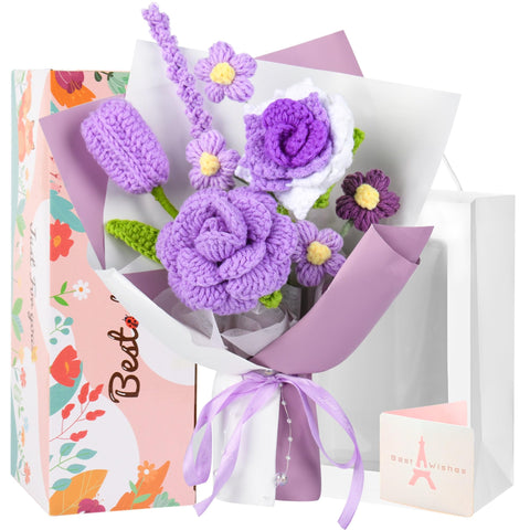 MengxFly purple crochet flower bouquet with textured blooms ideal for gifting.