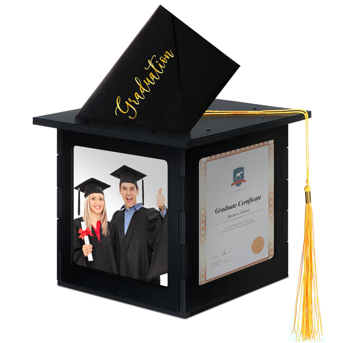Menkxi graduation card box hat display showing cards and photos for a polished ceremony backdrop