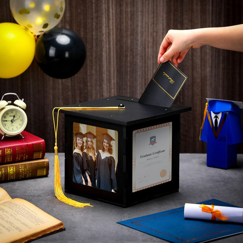 Menkxi graduation card box side photo display holds keepsakes on all four faces