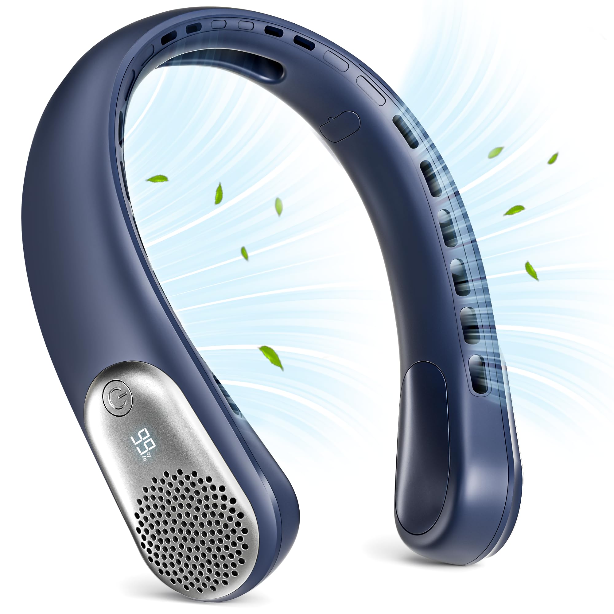 Meonov neck fan with LED display shows speed and battery for on-the-go control.
