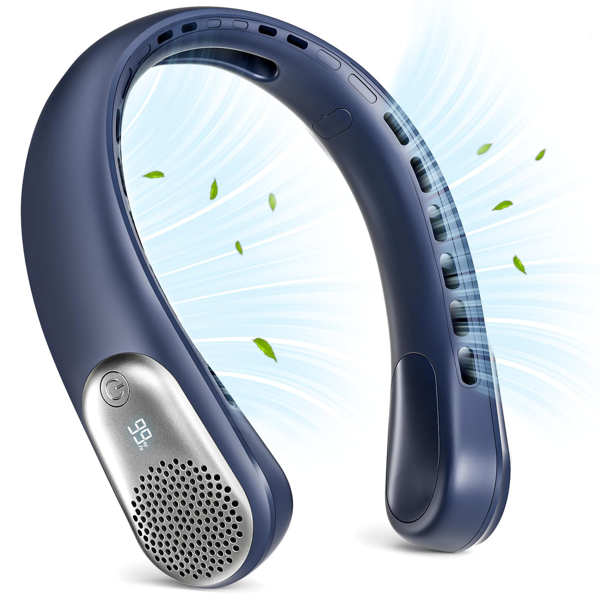 Meonov neck fan with LED display shows speed and battery for on-the-go control.