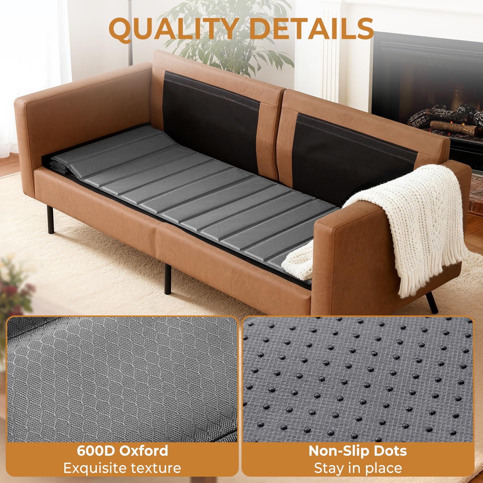 Anti-slip dots securing MEOWATES board to sofa frame