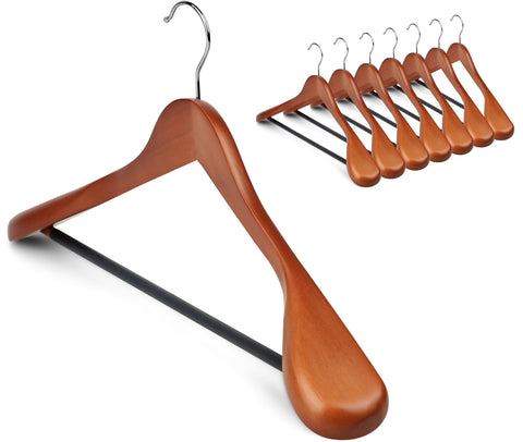 MEQUTION walnut coat hanger with extra-wide shoulders for heavy coats.