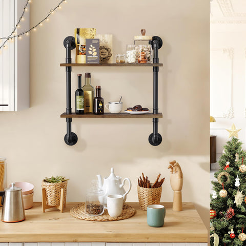 Merapi two-tier rustic wood wall shelves ideal for living room display.