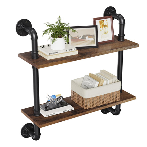 Merapi 24in industrial floating shelves with pipe frame for sturdy wall storage.