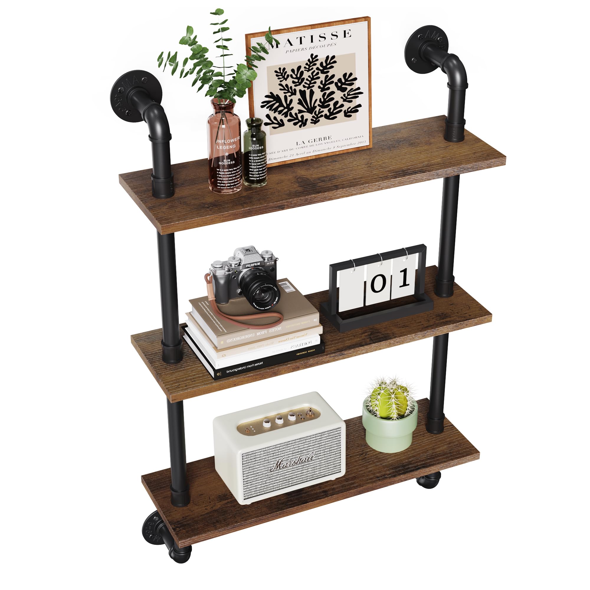 Merapi 24in industrial floating shelves on wall with pipe frame; ideal for organized display.