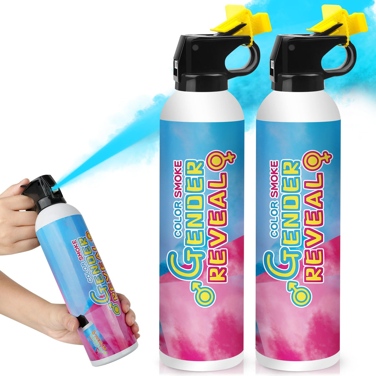 Merear blue gender reveal extinguisher two-pack enhances baby boy reveal decor.