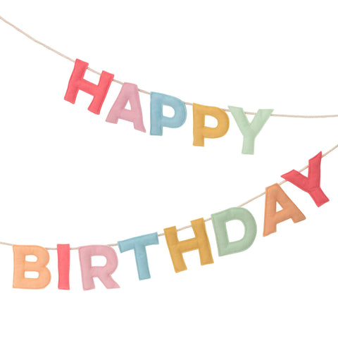 Meri Meri Felt Happy Birthday Garland with 3D letters for vibrant party decor.