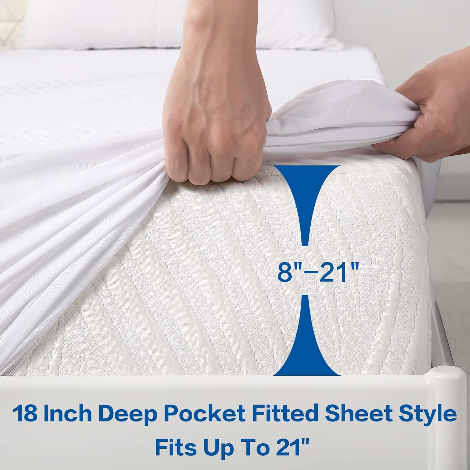 MERITLIFE queen mattress protector with 18-inch pocket fits mattresses securely.
