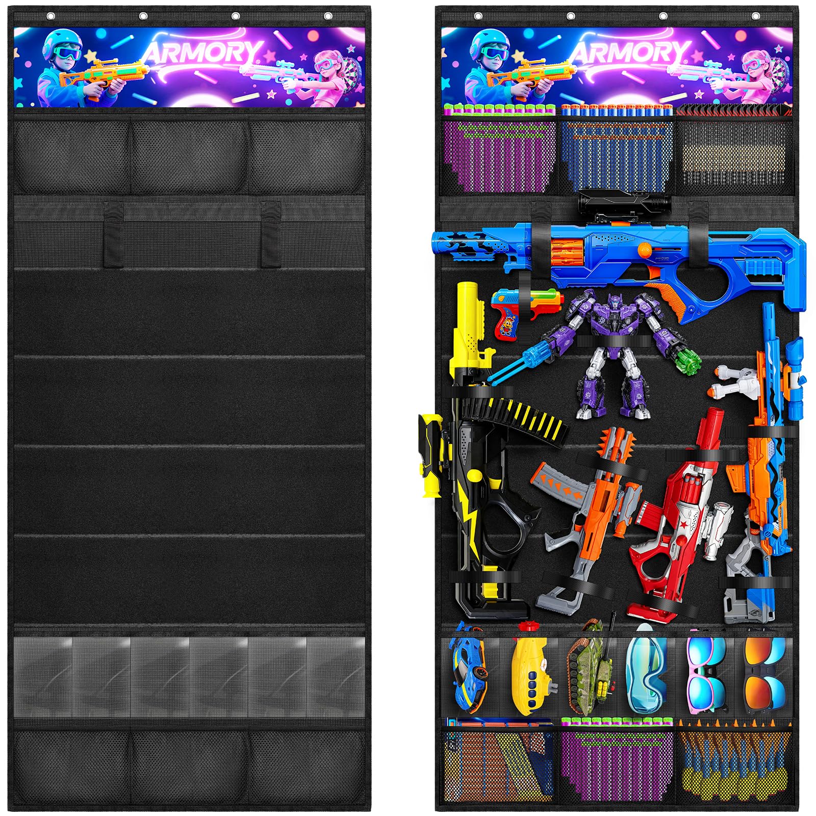 Merjrod door-hanger organizer for toy guns keeps playroom gear neatly accessible.