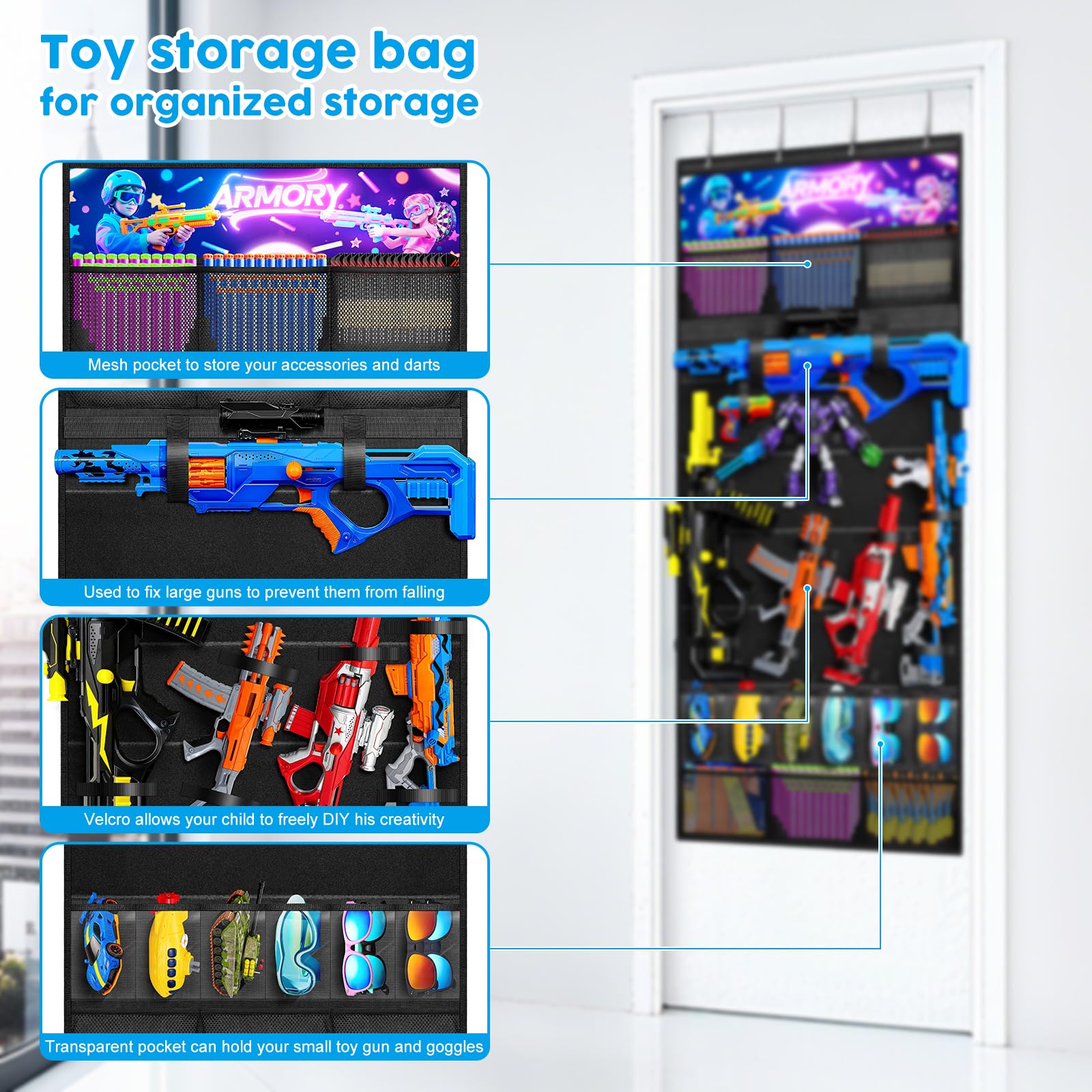 Merjrod pocketed storage showcases toy guns for quick, tidy access during playtime.