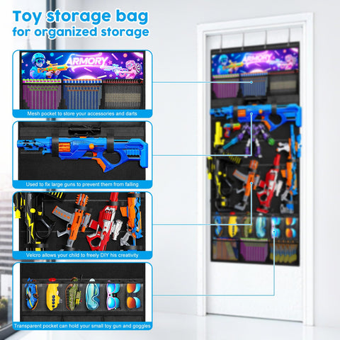 Merjrod pocketed storage showcases toy guns for quick, tidy access during playtime.