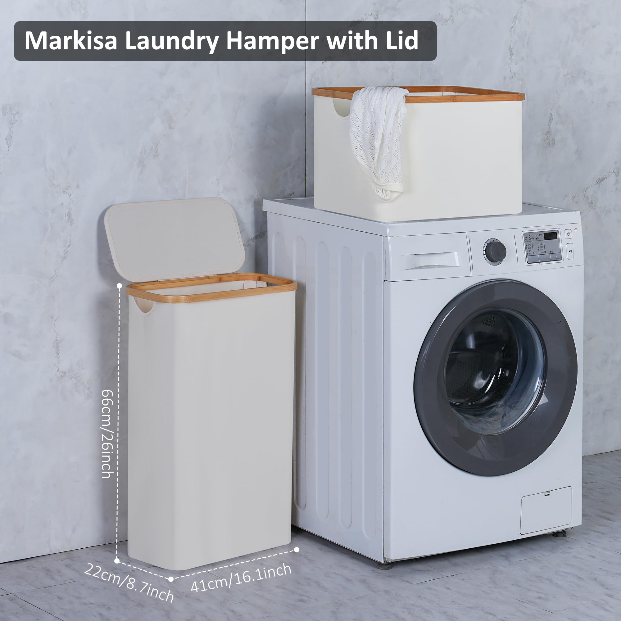 Merkisa Slim Laundry Hamper bamboo handle closeup emphasizes comfortable grip for easy carrying.