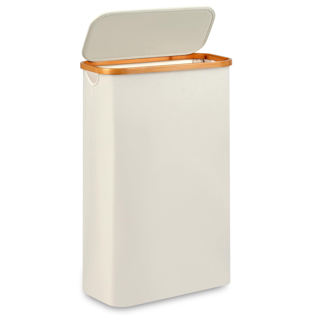 Merkisa Slim Laundry Hamper top view shows compact beige design for tight spaces.