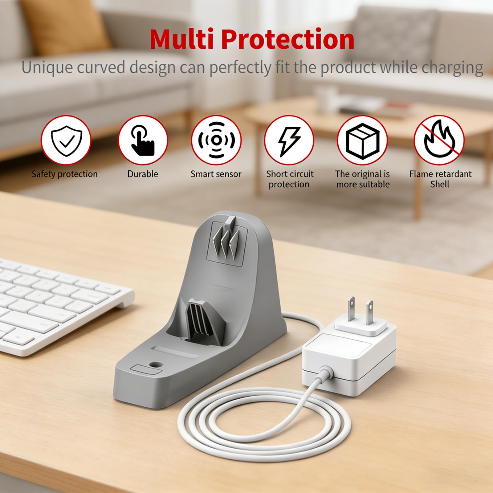 MEROM 6.5 ft AC cable enables flexible charging placement.
