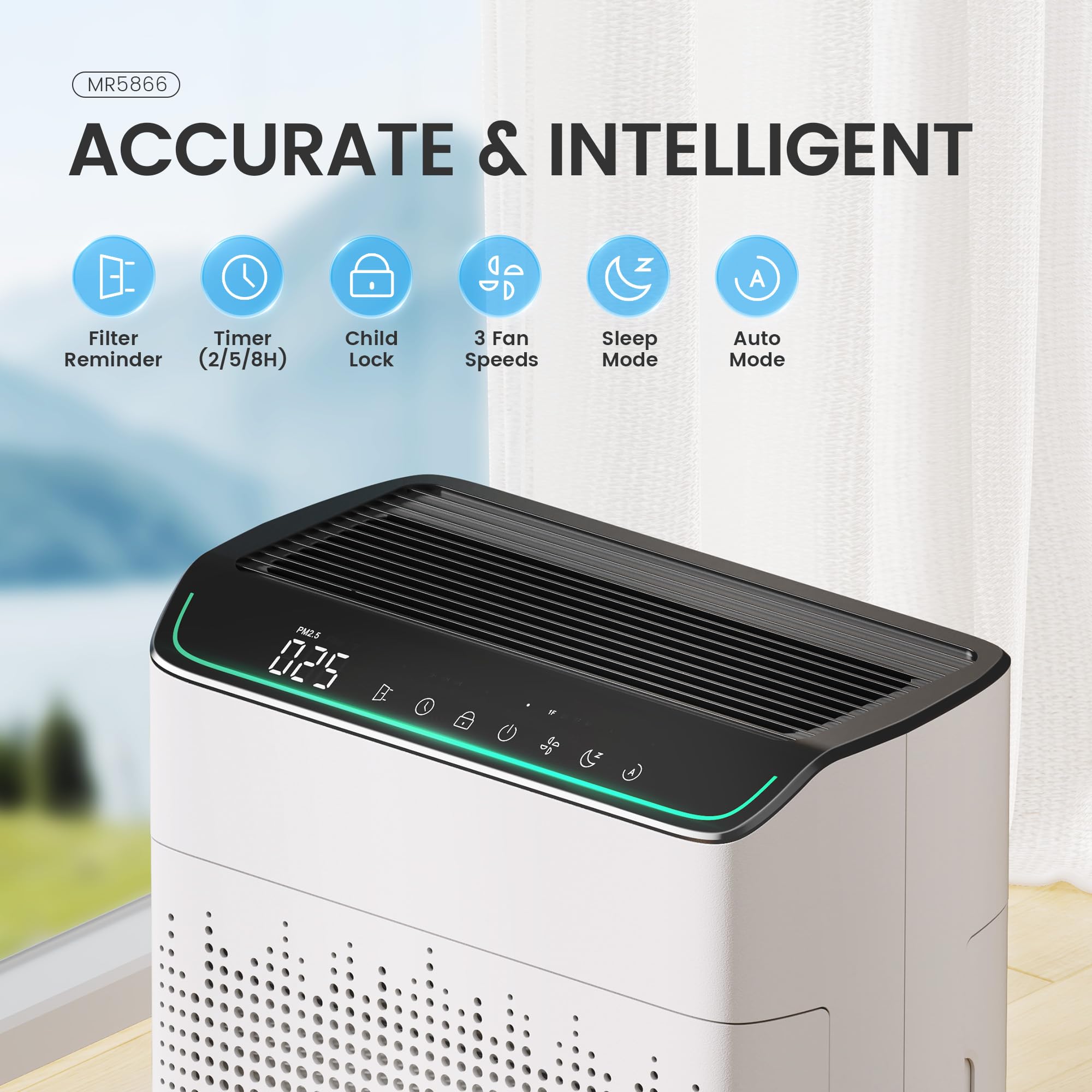 MERONTE MR5866 HEPA filtration captures 0.3 micron particles for cleaner air.