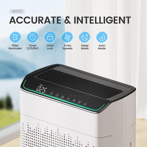 MERONTE MR5866 HEPA filtration captures 0.3 micron particles for cleaner air.