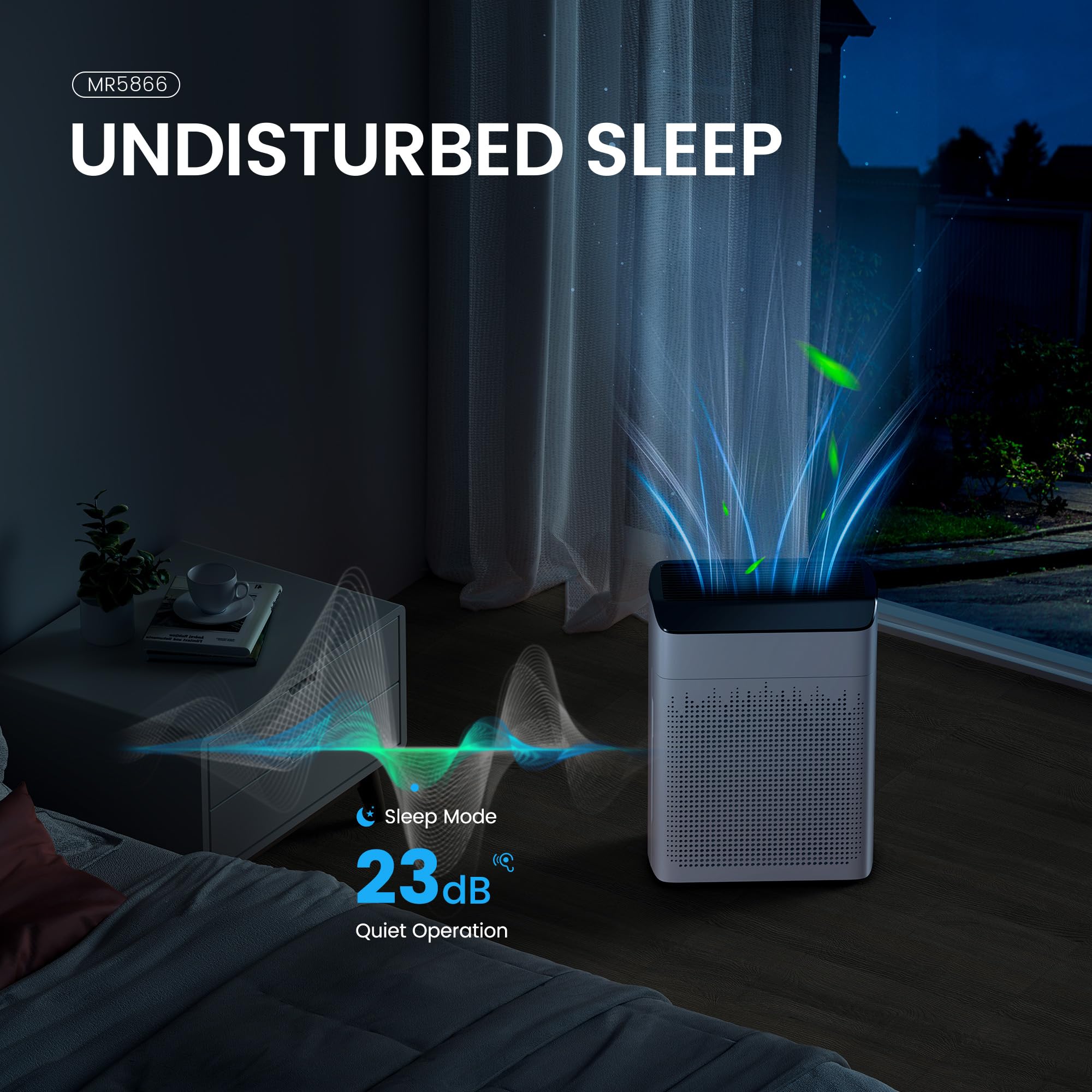 MERONTE MR5866 sleep mode operates at 23 dB for quiet nights.