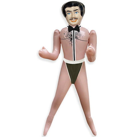 Merrimix Fernando inflatable doll in a Chippendale costume serves as a playful centerpiece.