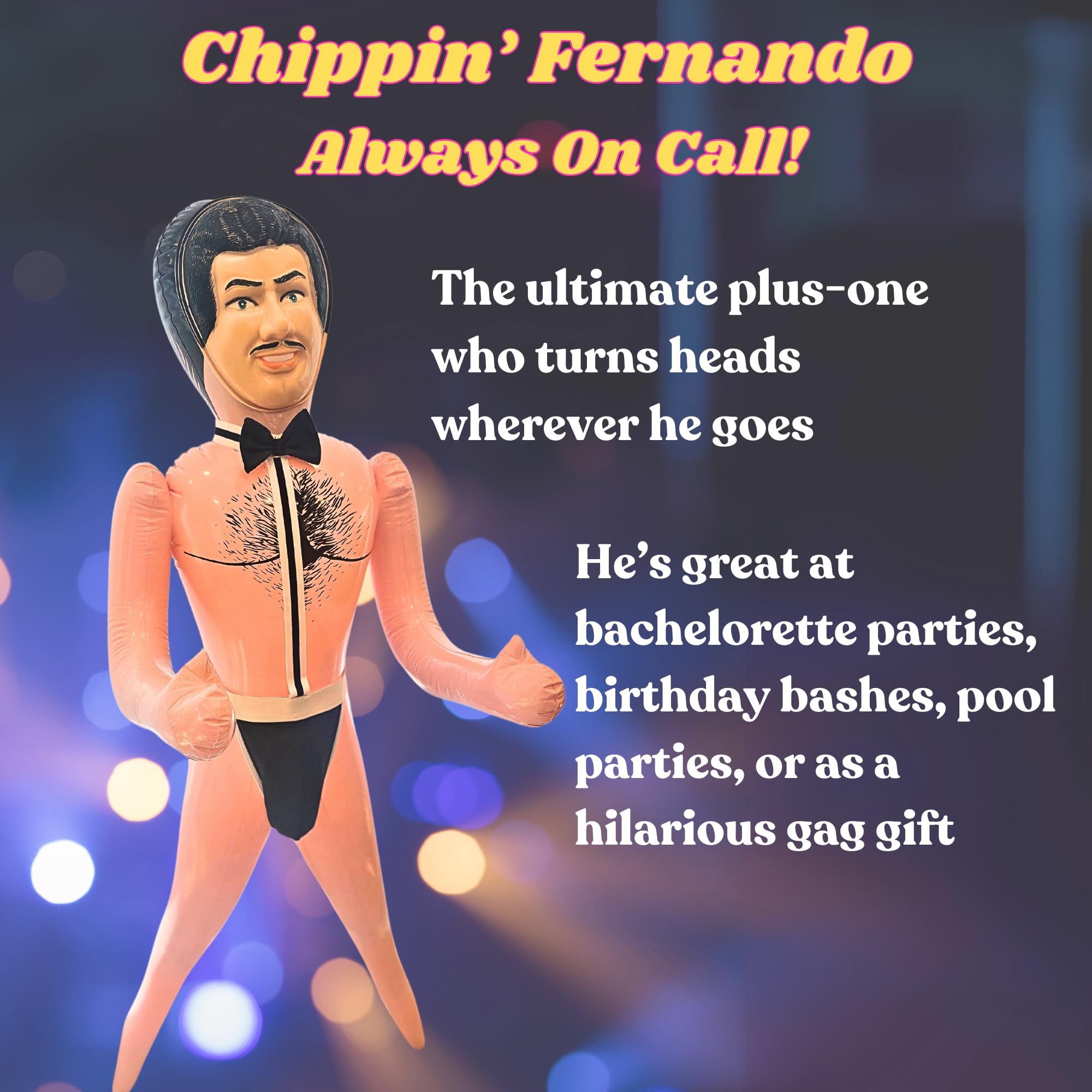Inflatable party pal Fernando can be set up in minutes for party moments.