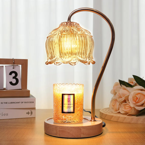 Merrtody Dimmable Flower Candle Warmer Lamp base on a wood surface for safe fragrance diffusion.
