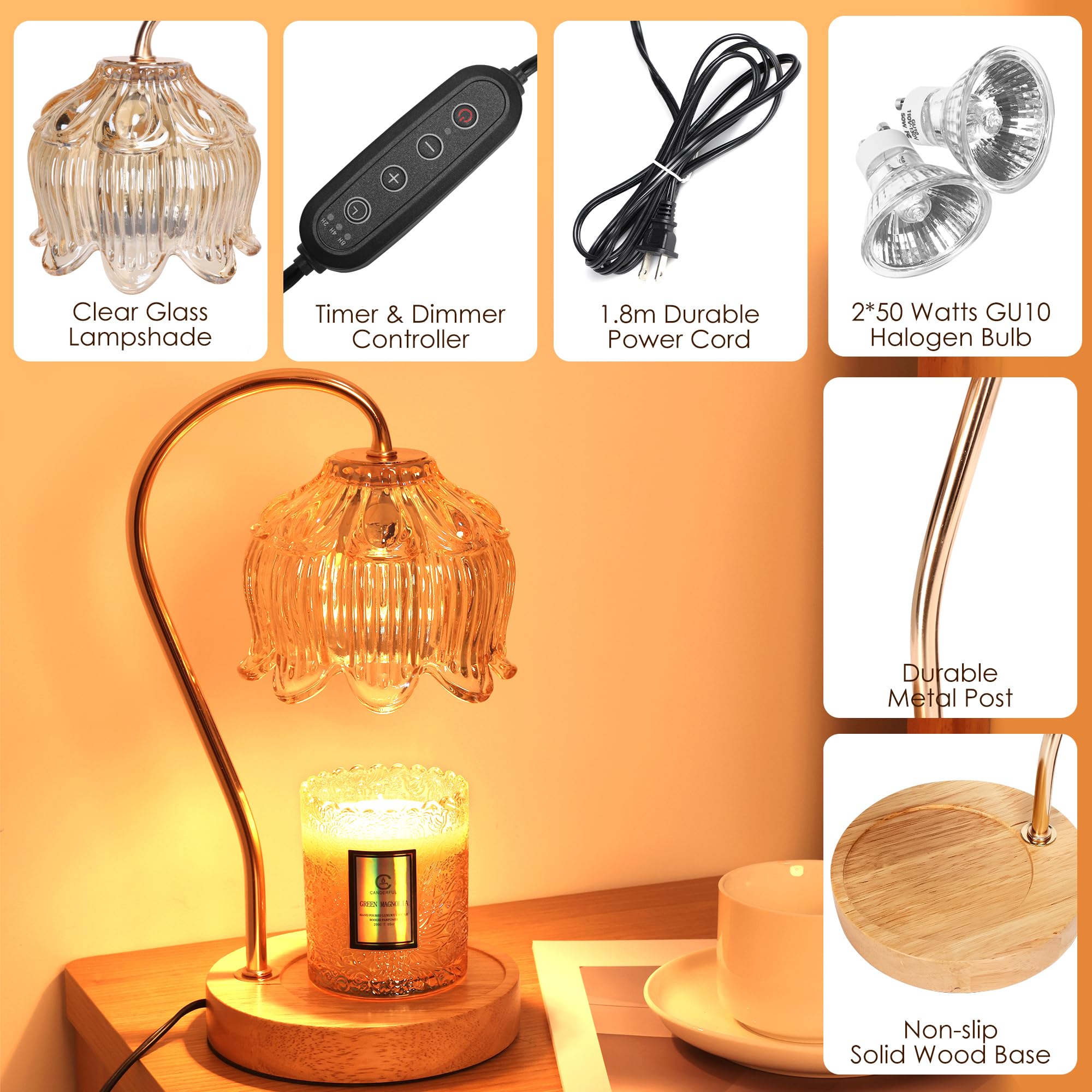 Merrtody Dimmable Warmer Shade highlights the elegant gold accent and wide candle fit.