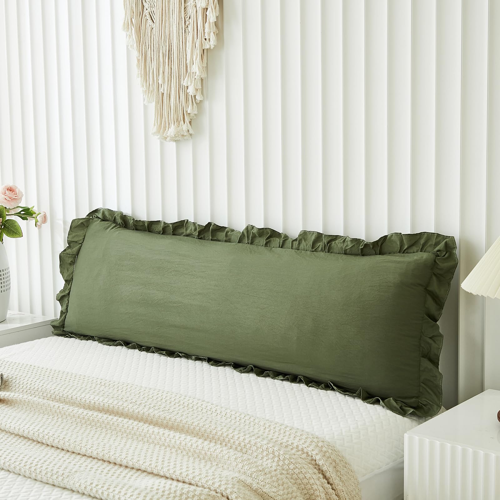 Merryword olive-green pillow cover 20x54 front view enhances cozy vintage decor.