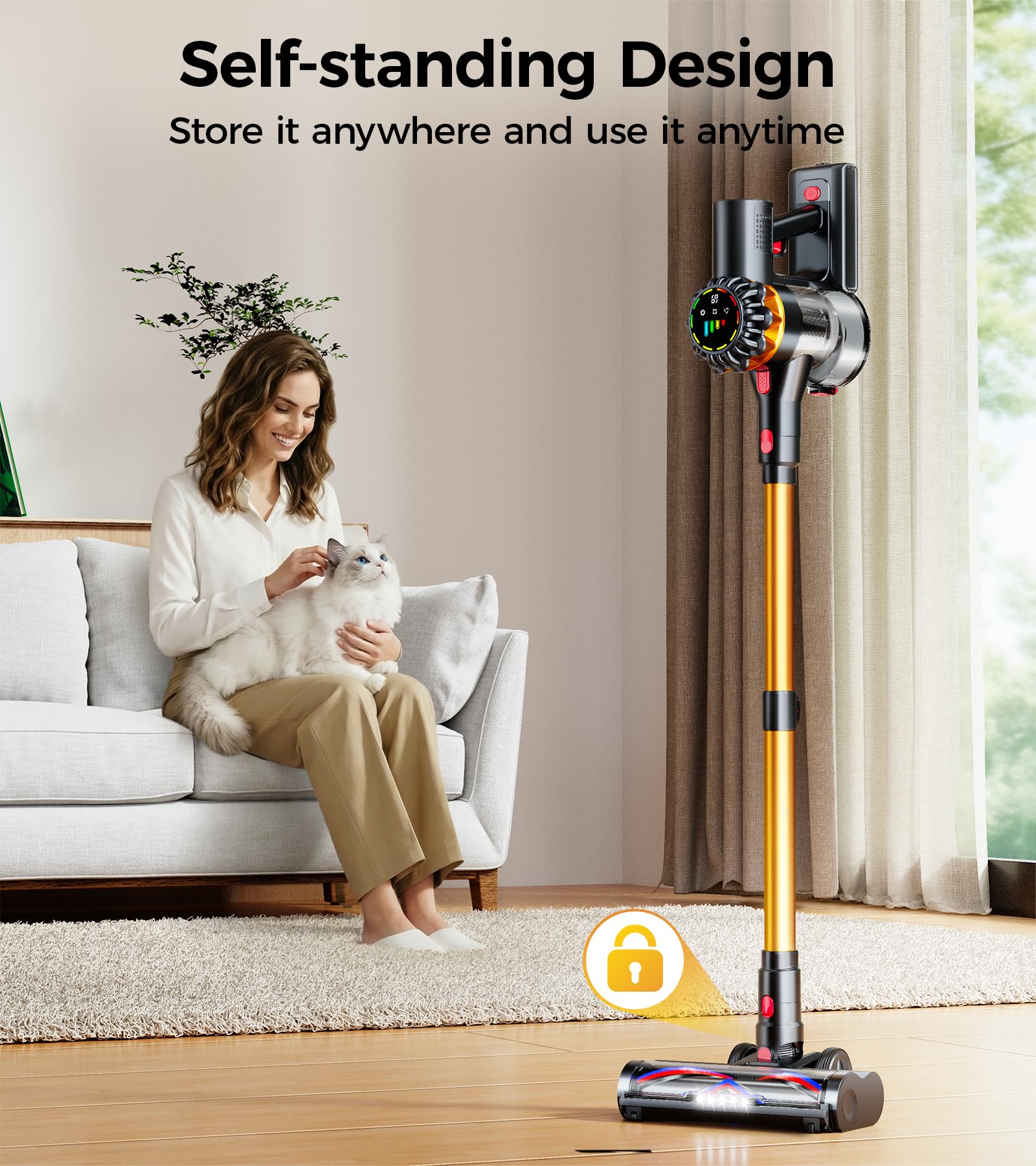 Meskos self-standing design keeps the vacuum upright for storage.