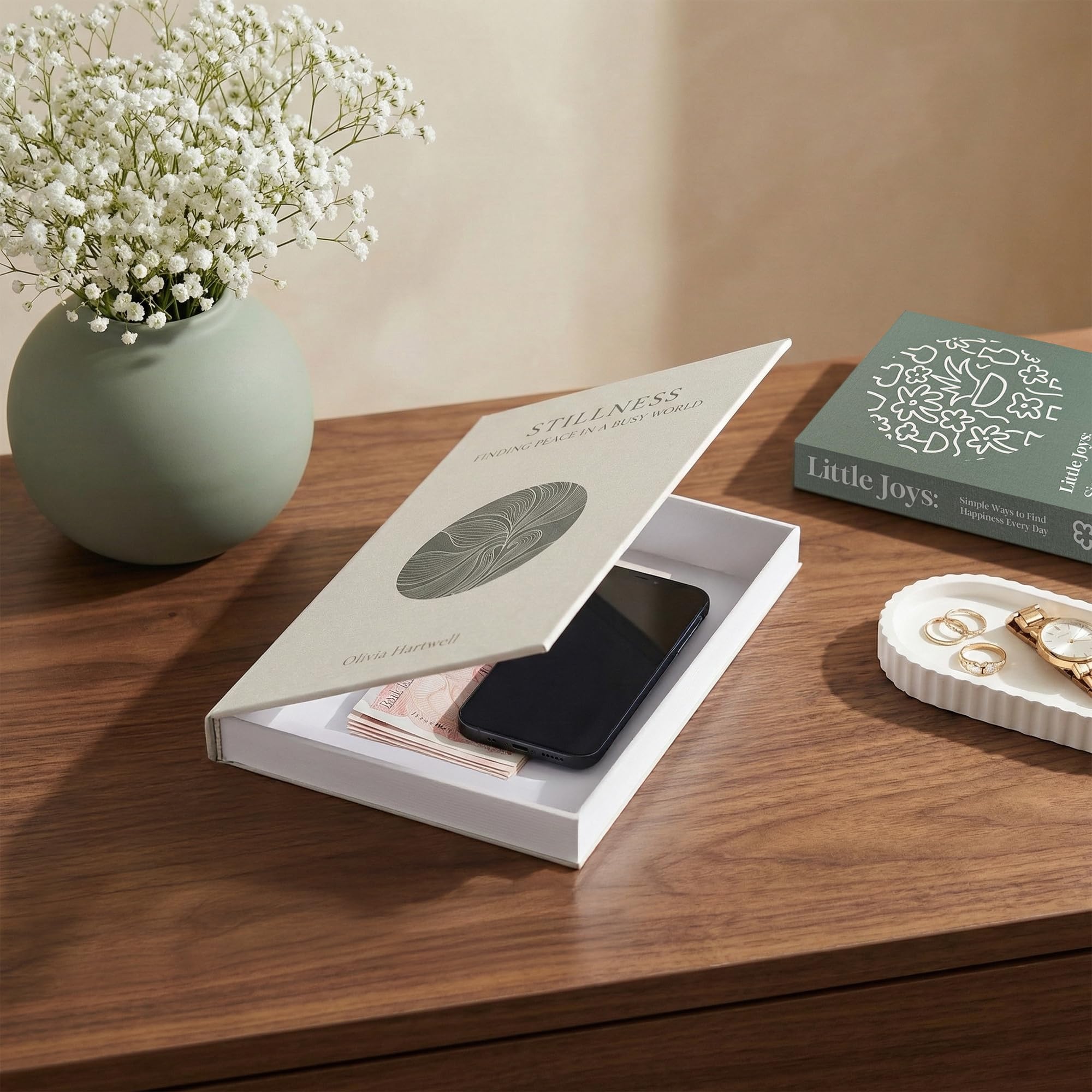 MESMOS decorative books on a shelf create serene focal point.