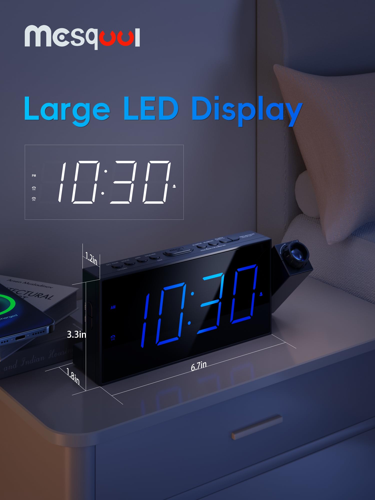 Mesqool 180-degree projector rotation provides wall or ceiling visibility.