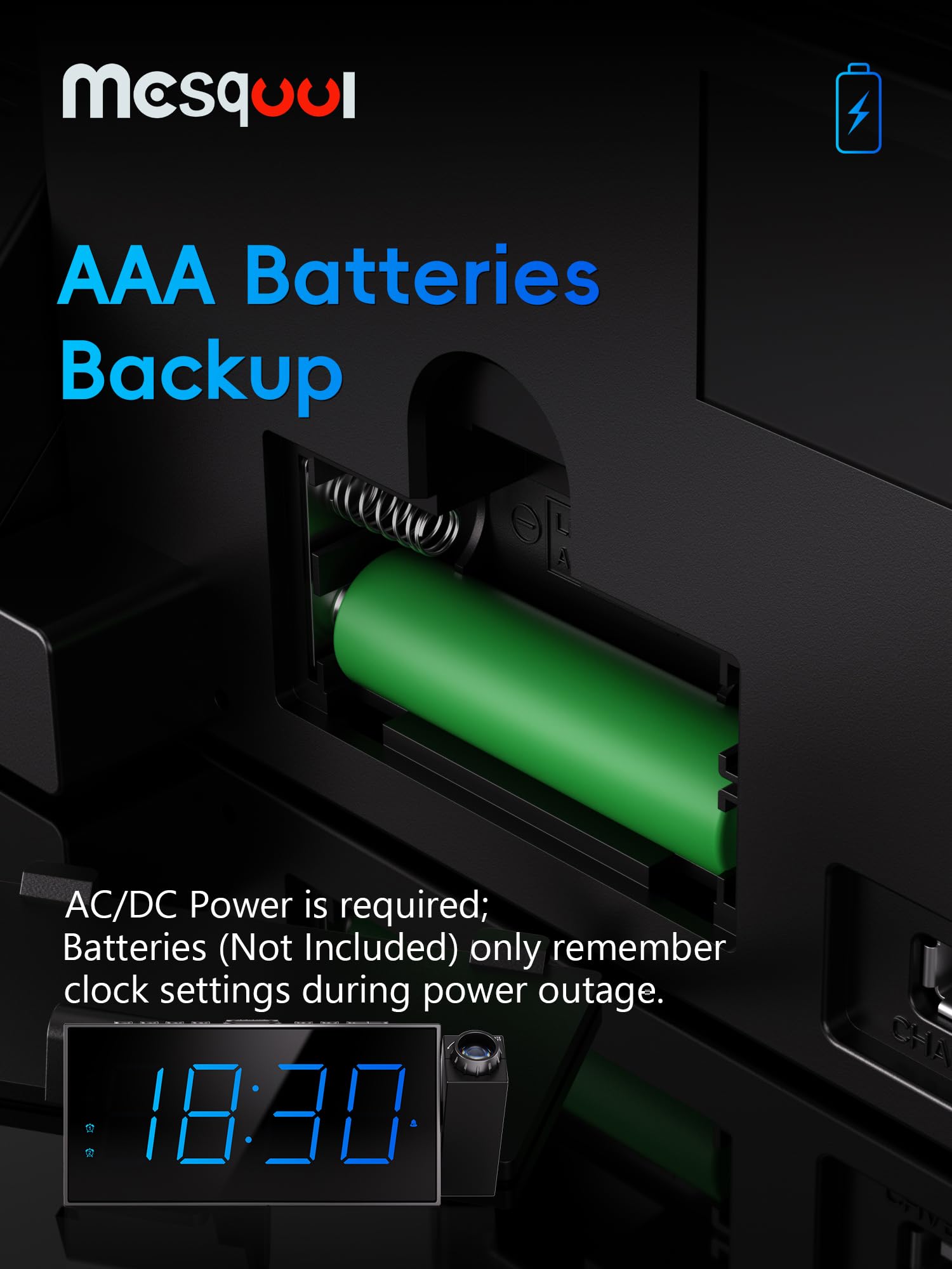 Mesqool battery backup preserves time and alarms during outages.
