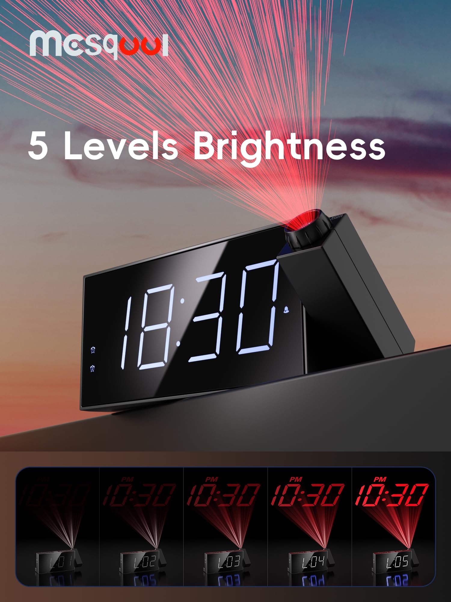 Mesqool clock with battery backup and USB charging port for devices.