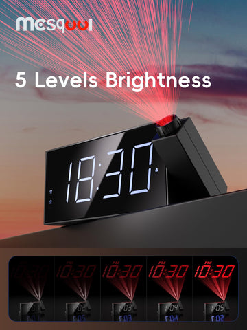 Mesqool clock with battery backup and USB charging port for devices.