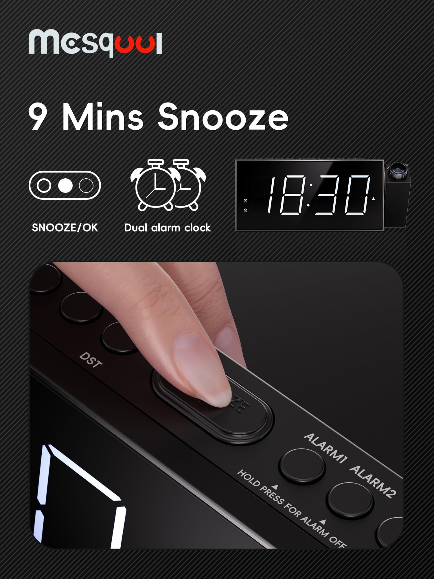 Mesqool memory backup preserves time and alarm settings during power outages.