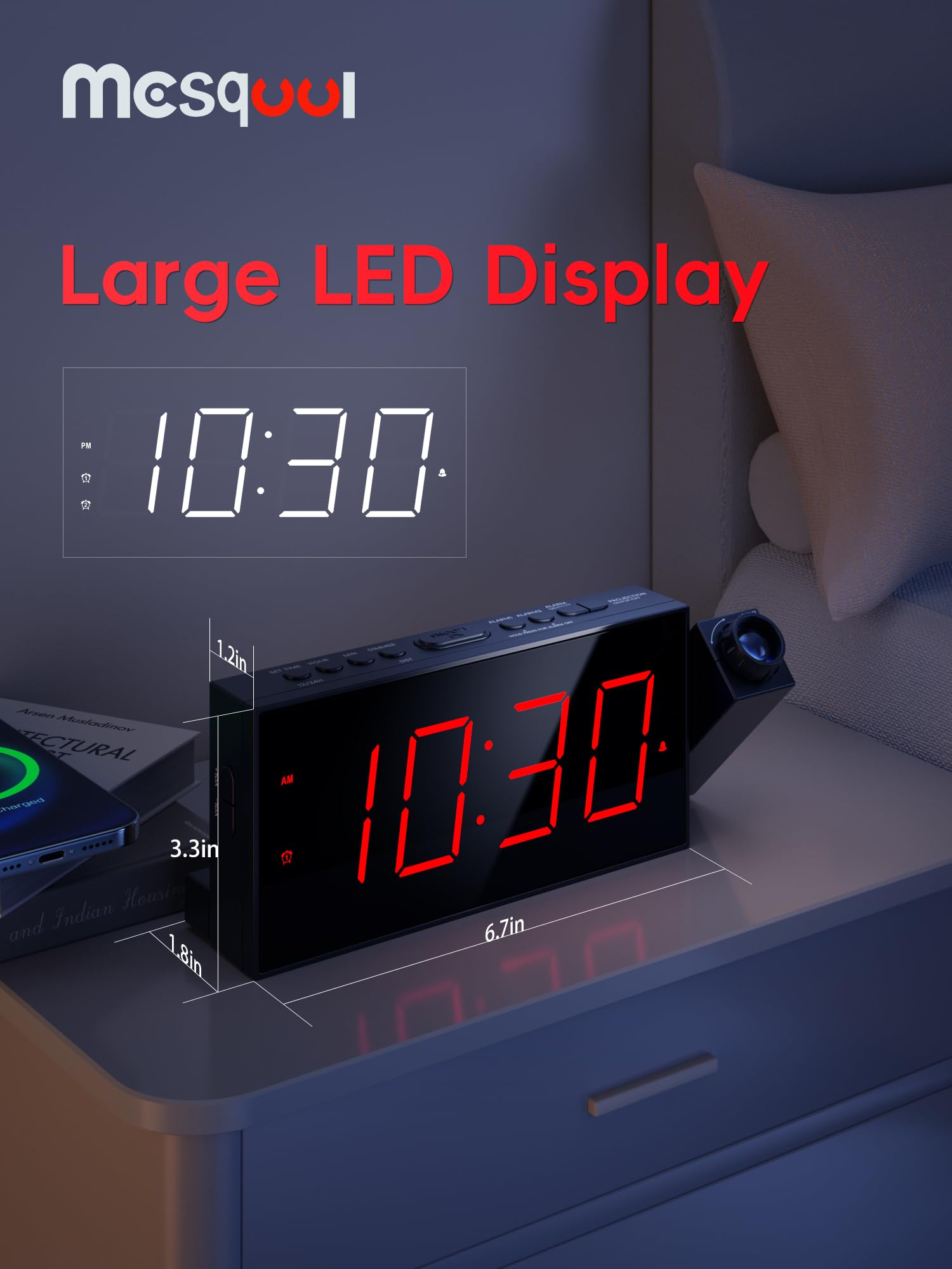 Mesqool projection alarm clock rotatable projector for flexible room angles and focus