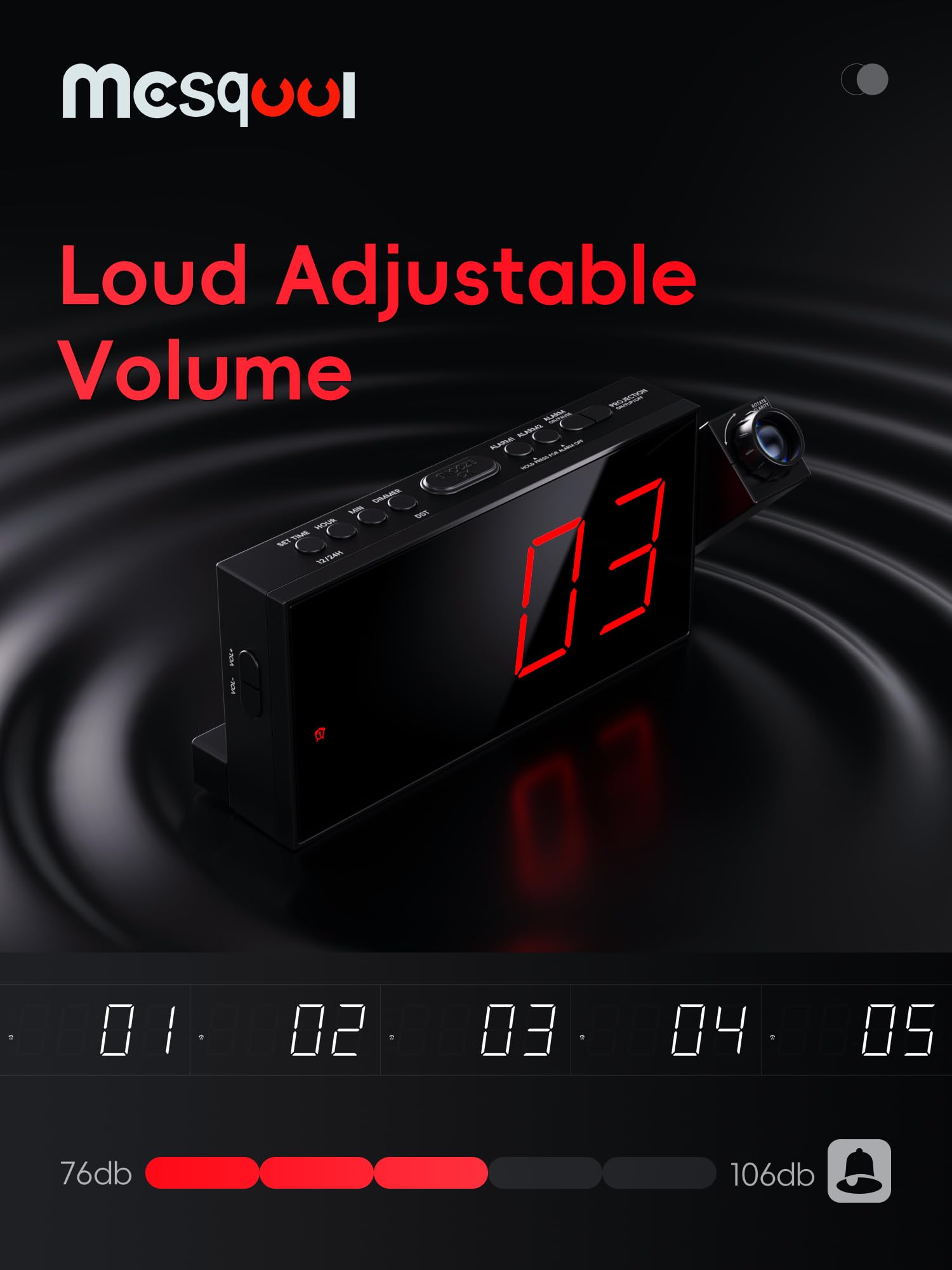 Mesqool projection alarm clock convenient snooze in central location