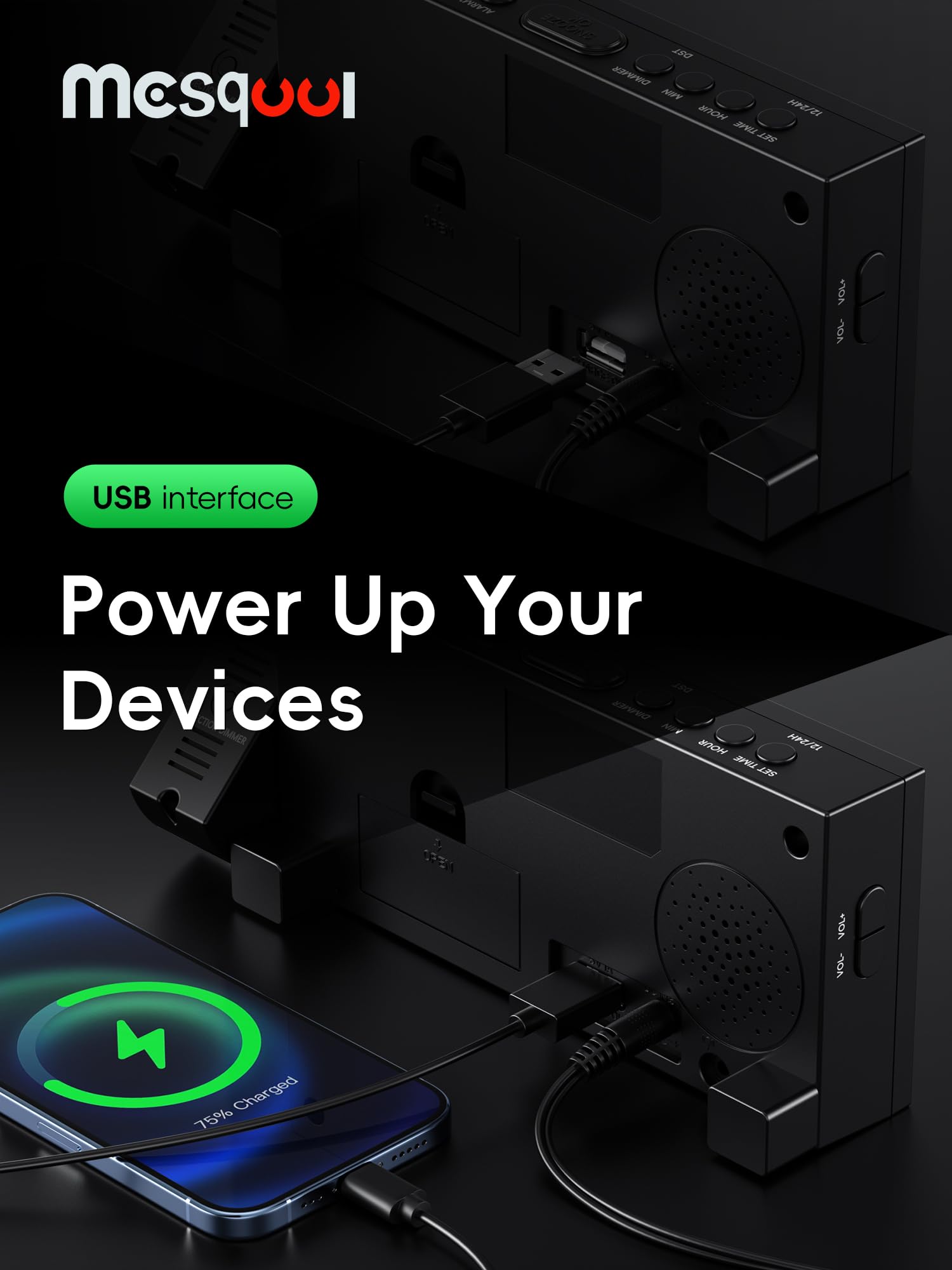 Mesqool projection alarm clock USB port for quick device charging overnight