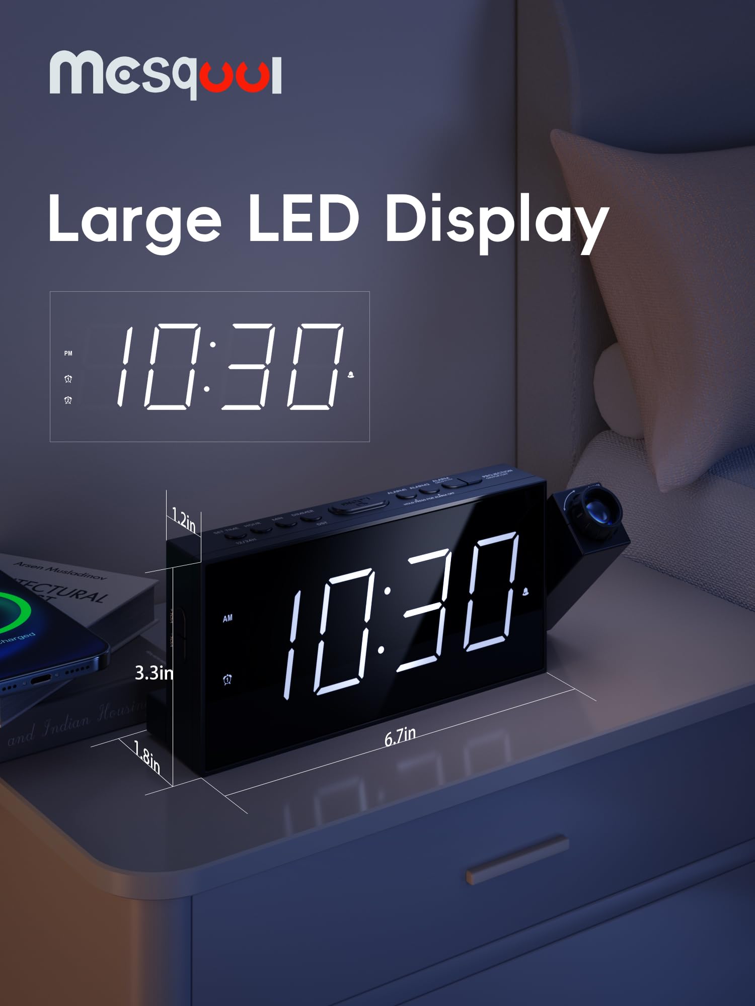 Mesqool projection clock displaying 180-degree projector onto ceiling