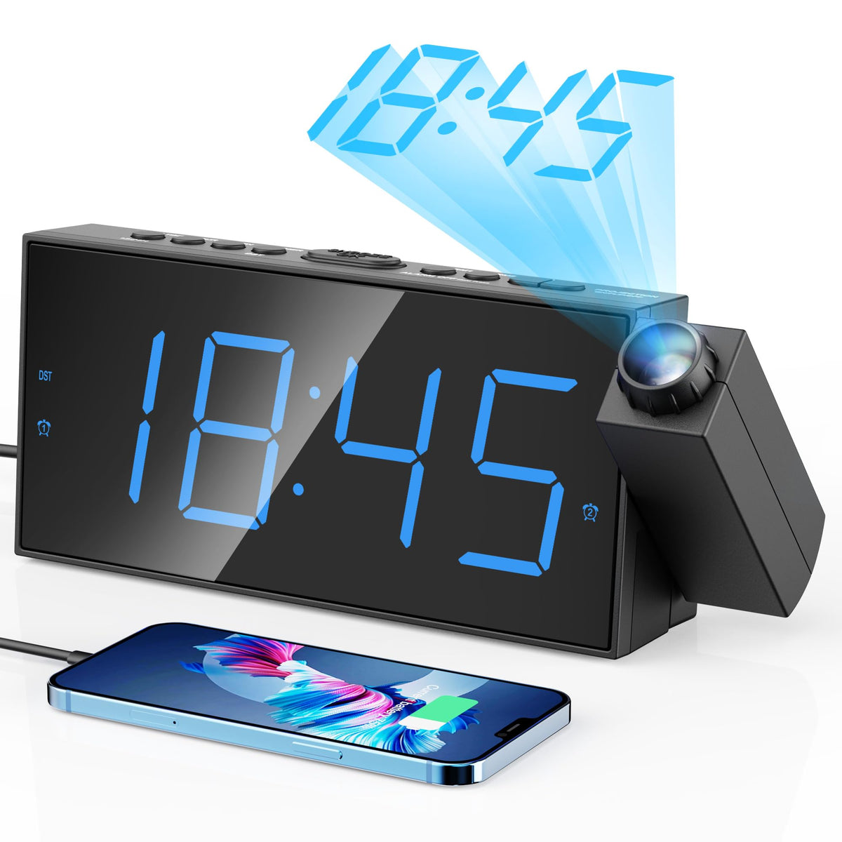 Mesqool projection clock with a 7-inch ceiling display for easy bedside reading.