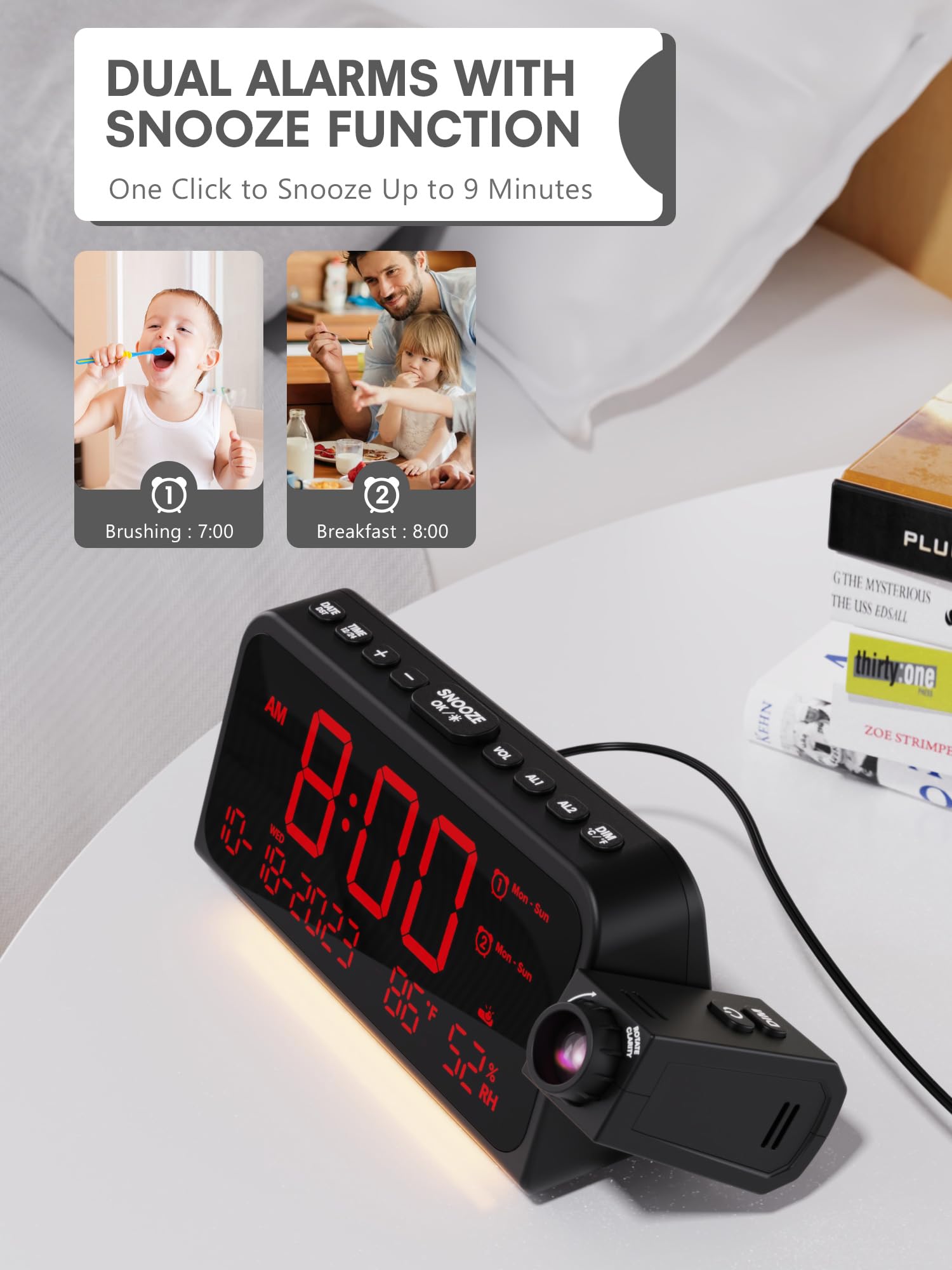 Temperature and humidity readings help monitor room conditions