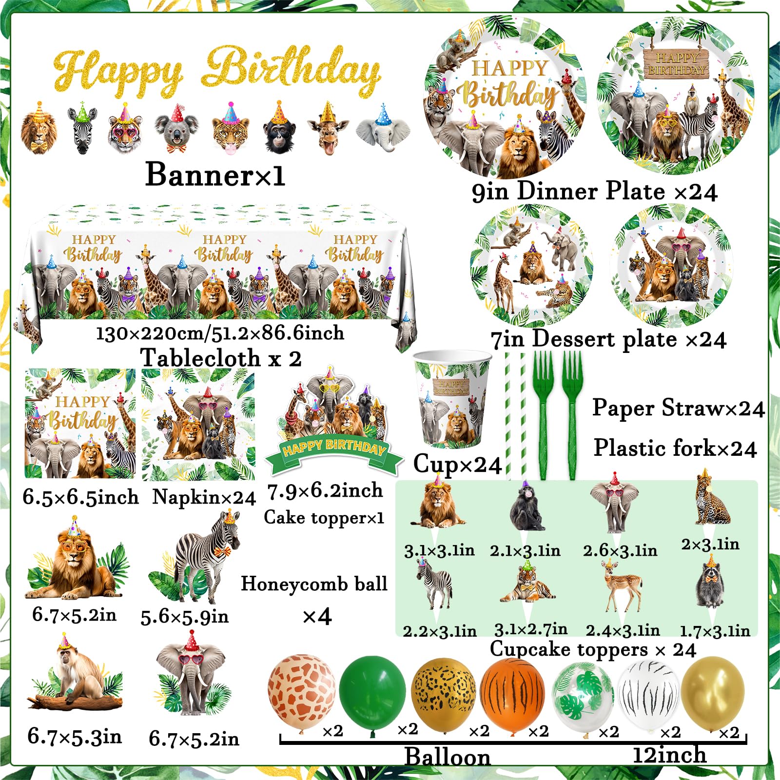 Meuqeaju safari balloons elevate decor; cake toppers add final jungle touch.