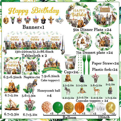 Meuqeaju safari balloons elevate decor; cake toppers add final jungle touch.