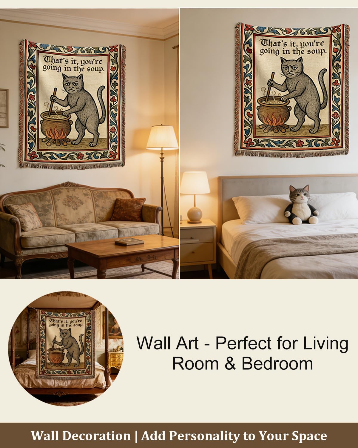 Mevious Weird Medieval Cat tapestry with fringe tassels for cozy edge details.