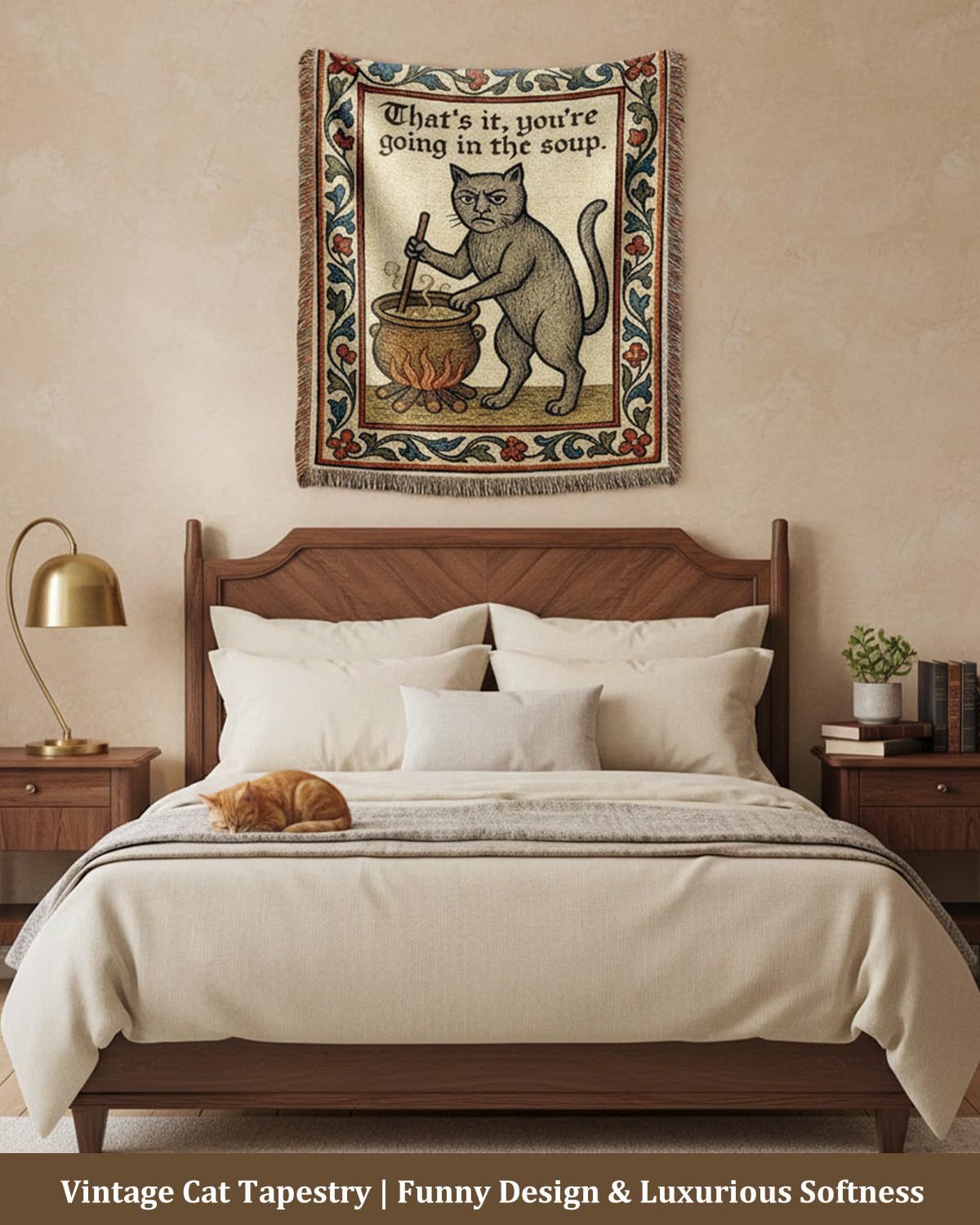 Mevious Weird Medieval Cat tapestry framed by medieval floral border for classic charm.