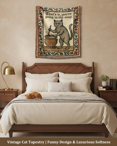 Mevious Weird Medieval Cat tapestry framed by medieval floral border for classic charm.