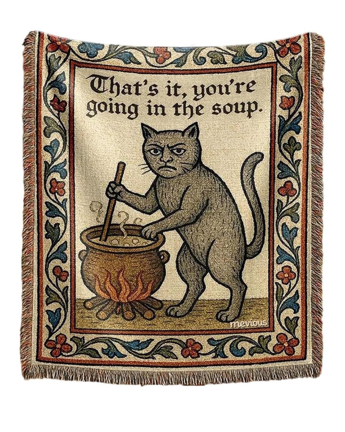 Mevious Weird Medieval Cat tapestry with spoon and pot for playful wall decor.